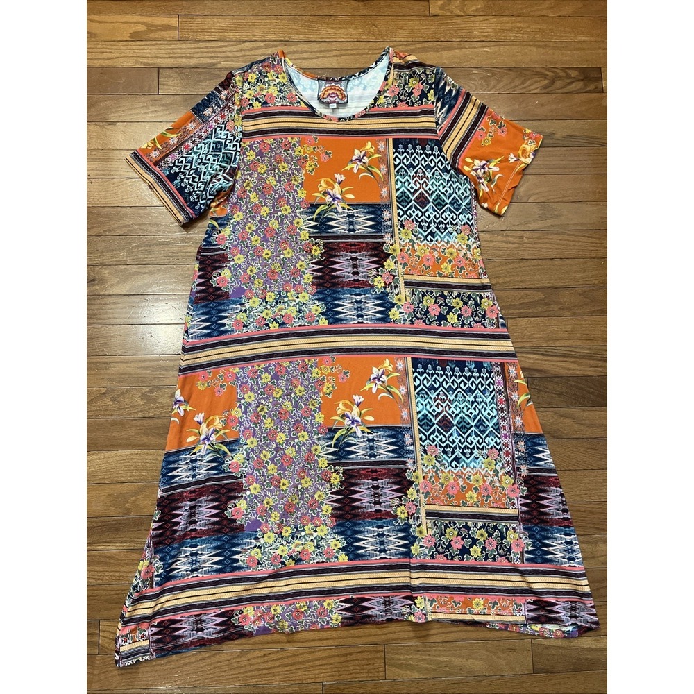 Johnny Was Los Angeles XL Bamboo Blend Patchwork Floral Boho Midi Dress Colorful